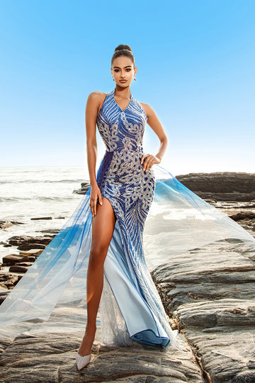 Sparkly Blue Mermaid Sequin Halter Long Formal Dress with Slit